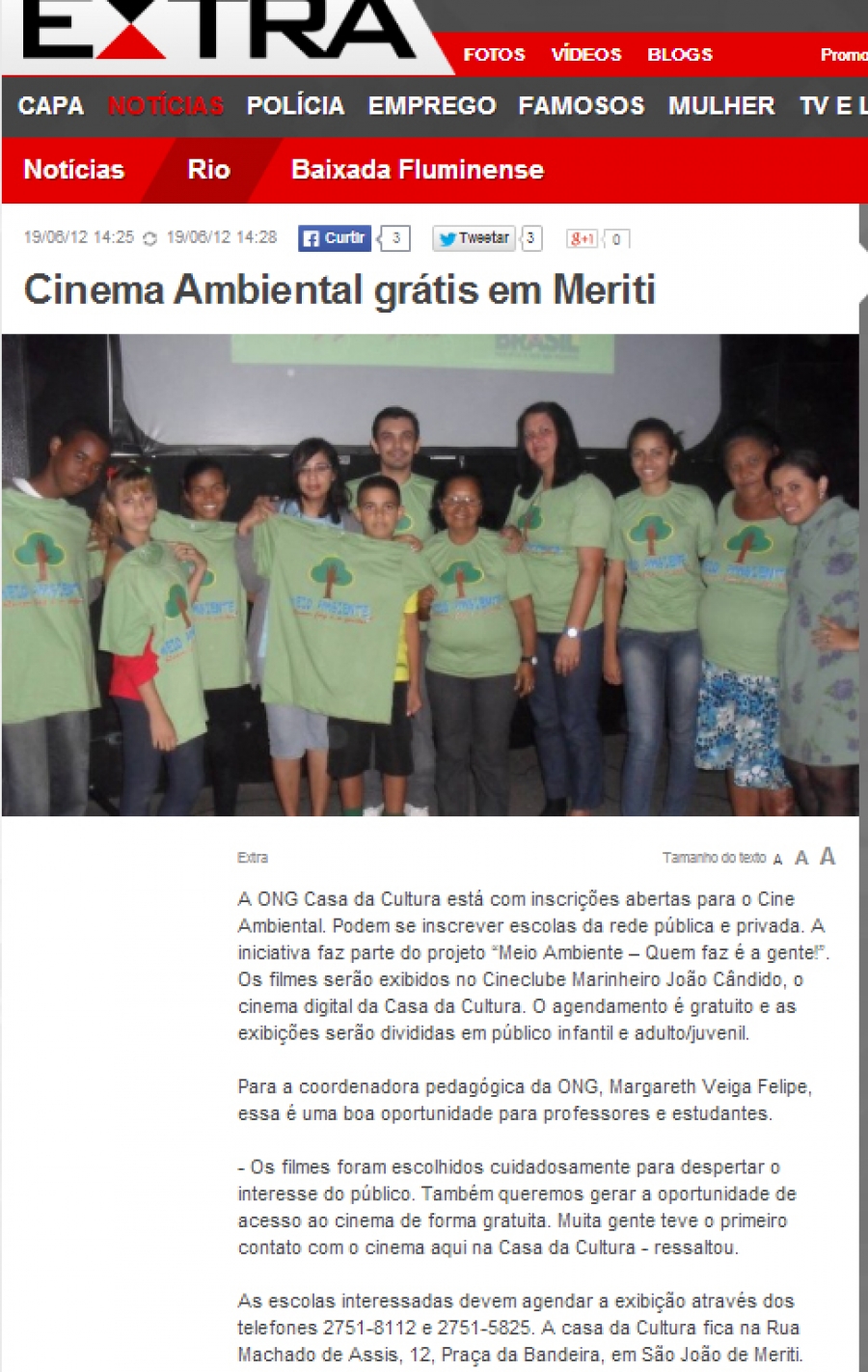 Jornal Extra on line – Cinema Ambiental Gratis em Meriti