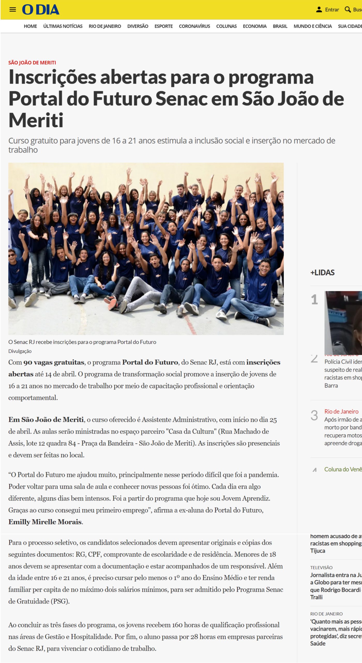 O DIA –  Inscrições abertas para o programa Portal do Futuro Senac em São João de Meriti